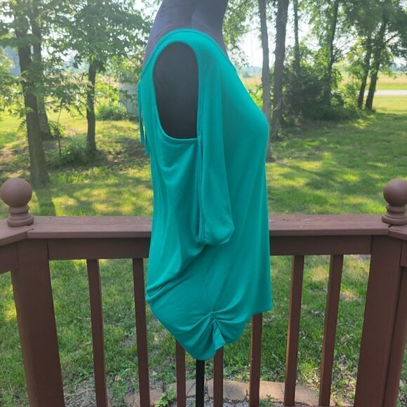 iliad USA Ladies Blouse Scoop Neck Cold Shoulder Tie Back Teal XL - Picture 2 of 10
